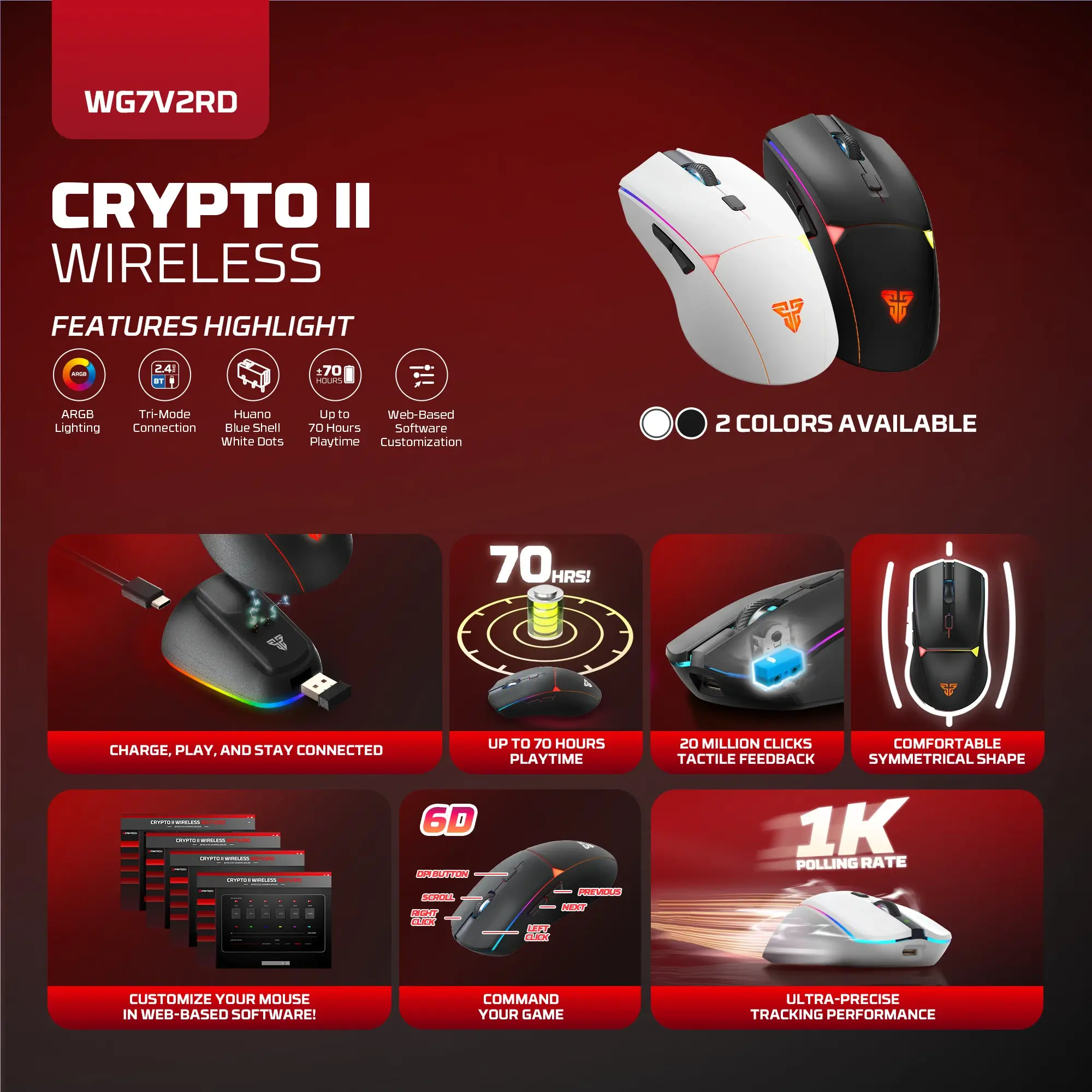 Fantech WG7V2RD CRYPTO II Wireless Gaming Mouse Black - Image 2