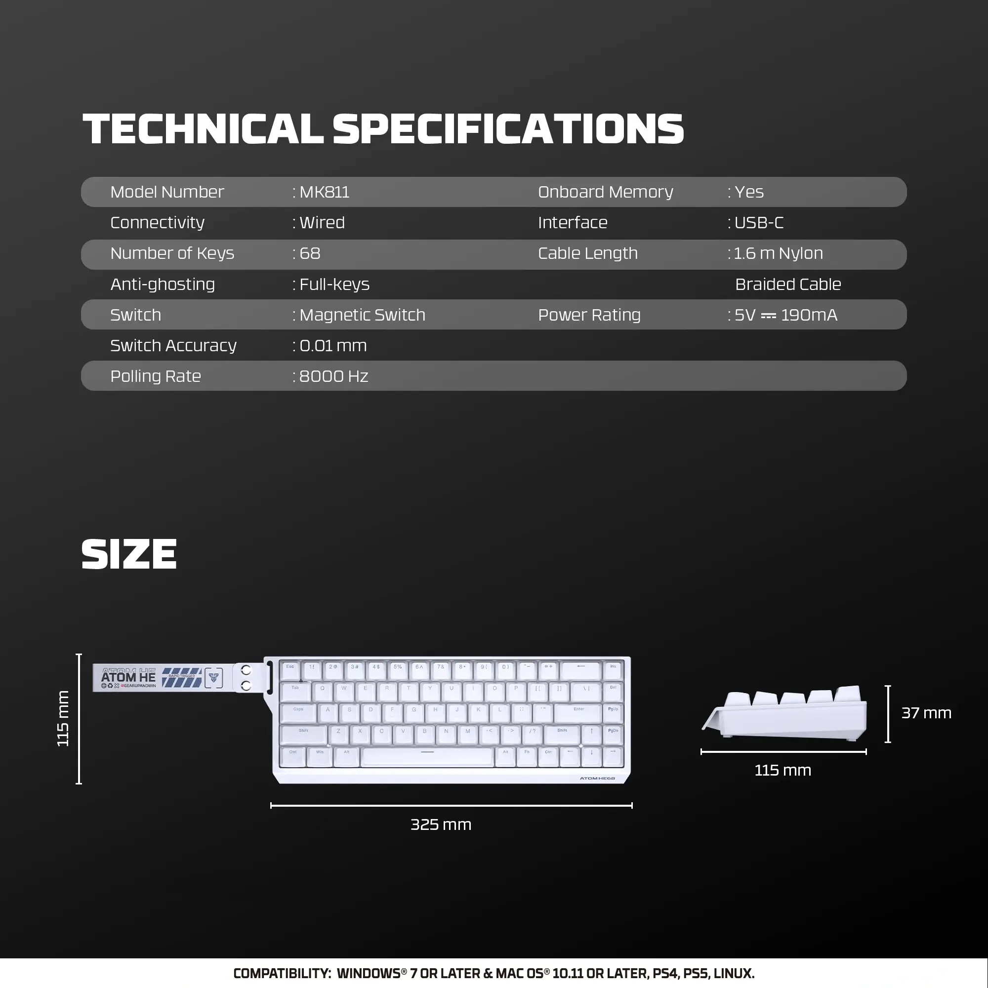 FANTECH ATOM HE68 MK811 Wired Magnetic Gaming Keyboard White - Image 6