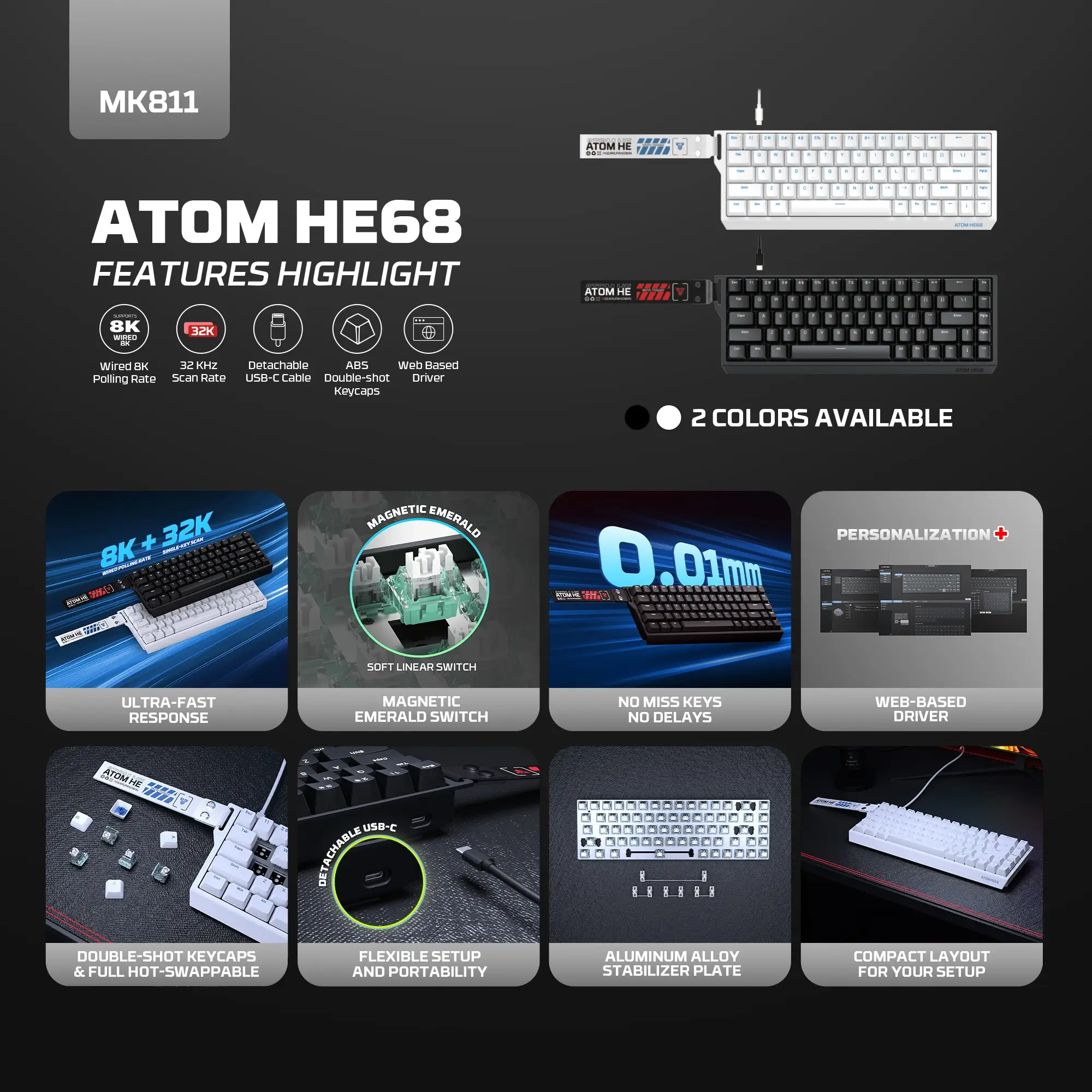 FANTECH ATOM HE68 MK811 Wired Magnetic Gaming Keyboard White - Image 2